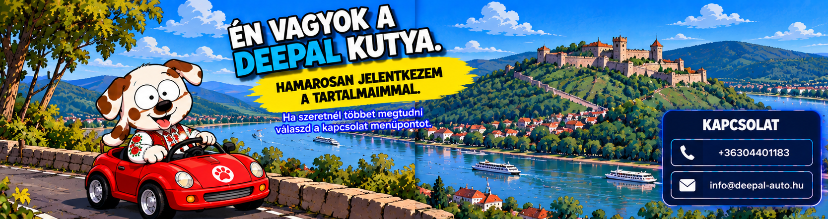 A foltos Deepal kutya piros gyerekautóban, a Duna és a visegrádi vár látványával.